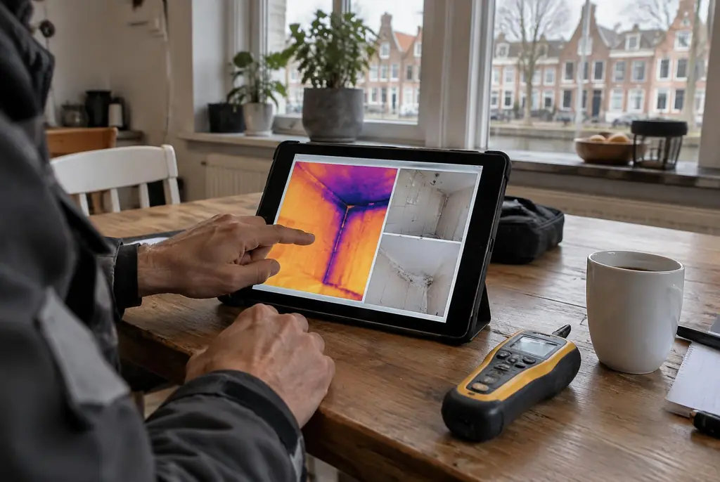 Lekdetectie Amersfoort – lekdetectierapport met warmtebeelden en foto's op een tablet