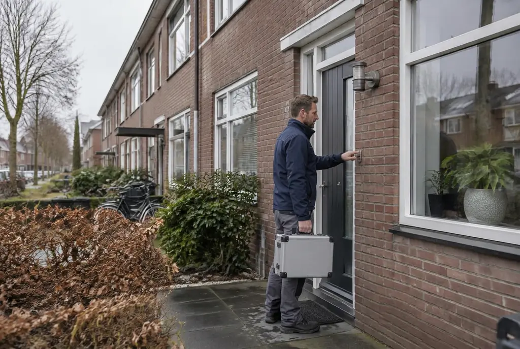 Lekdetectiespecialist met meetkoffer bij de voordeur van een woning in Amersfoort